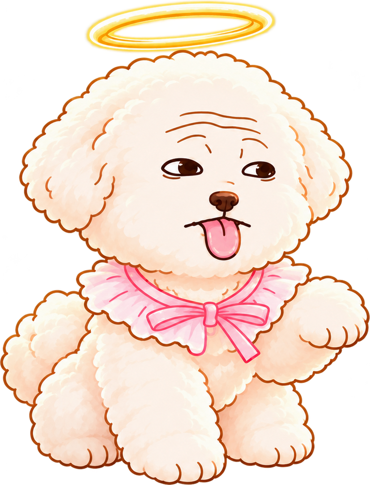 CelestialDog, a fluffy cream puppy wearing a pink bow and golden halo