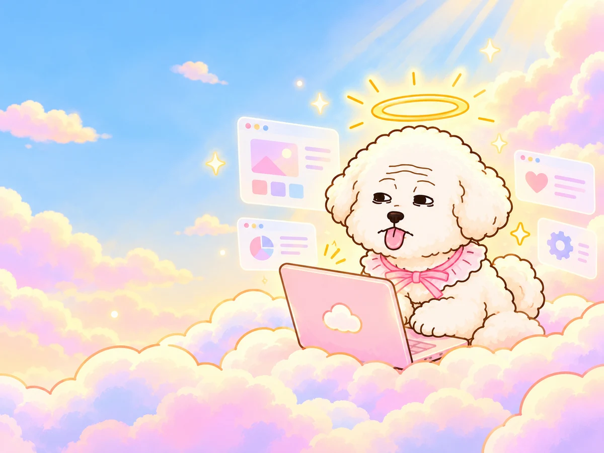 CelestialDog at his pink laptop in the clouds