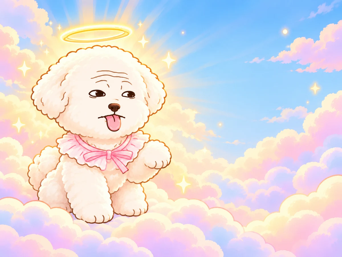 CelestialDog greeting the world from pastel clouds