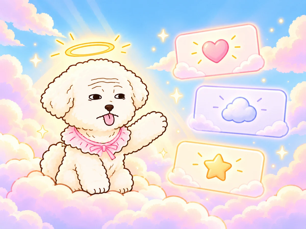 A happy CelestialDog sharing hearts, clouds, and stars